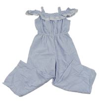 Světlemodro-biely pruhovaný nohavicový overal s volánikom s madeirou Primark