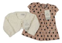Nové - 2set - Starorůžové teplákové šaty s puntíky + smetanové chlupaté bolerko Baby Band