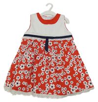 Nové - Bílo-červeno-tmavomodré šaty s madeirou a květy 
