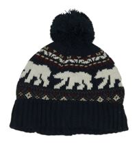 Tmavomodro-barevná vzorovaná čepice s medvědy a bambulí