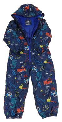 Tmavomodrá šušťáková zimná kombinéza s dinosaurami a kapucňou George