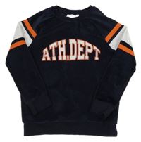 Tmavomodrá plyšová mikina s prúžkami a nápisom M&S