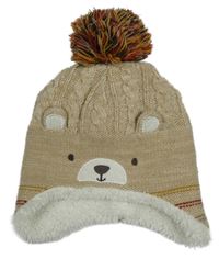 Béžová pletená zateplená ušanka s medvídkem Nutmeg
