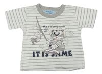 Bielo-sivé pruhované tričko s tygrem/medvídkem a nápisom Hello Kids