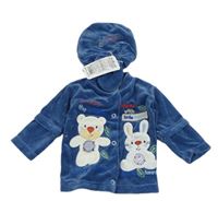 3Set - Tmavomodrá zamatová prepínaci mikina s medvedíkom a zajíčkem + čapica s čumáčkem a oušky + rukavice