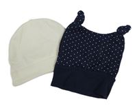 2x -Čepice - Bílá žebrovaná C&A, tmavomodrá puntíkatá Topomini