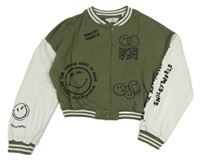 Kaki-biela baseballová oversize crop mikina so smajlíkmi a nápismi a pruhmi H&M