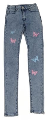 Nové - modré plísňové push up skinny rifle s motýlky Premium Denim