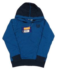 Nové - petrolejovo-tmavomodrý sveter s výšivkou a kapucňou lupilu