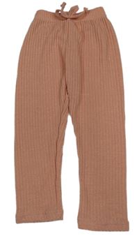 Broskvové melírované rebrované úpletové nohavice s mašlou