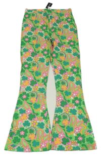 Nové - zelené vzorované melírované flare teplákové kalhoty s květy a trojlístky St. Bernard