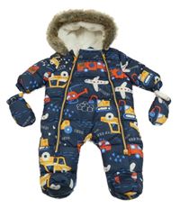 Tmavomodrá prošívaná šusťáková zimní kombinéza s motorovými prostředky a kapucí s kožešinou + rukavice F&F