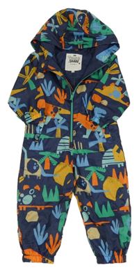 Tmavomodrá melírovaná šusťáková jarní kombinéza s dinosaury a palmami a kapucí F&F