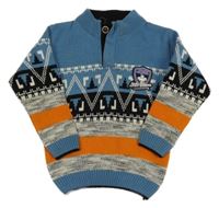 Modro-čierno-sivo-oranžový vzorovaný pletený sveter s nášivkou Little Blooms