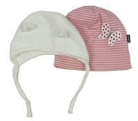 2x Biela zamatová čapica s oušky + Ružovo-biela pruhovaná čapica s motýlkom C&A