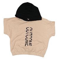 Růžovo-černé crop tričko s nápisem a kapucí