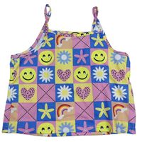 Ružovo-modro-žltý kockovaný crop top s obrázkami Shein