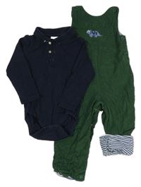 2set - Tmavozelené podšité na traké nohavice s dinosaurem + tmavomodré polo body Jojo Maman Bébé