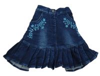 Tmavomodrá rifľová sukňa s výšivkami květů s kamienkami