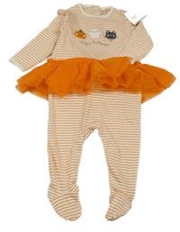 Nové - Smetanovo-oranžový pruhovaný overal s halloweenskými obrázky a sukní Next