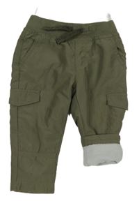 Khaki šusťákové zateplené cargo kalhoty s úpletovým pasem C&A