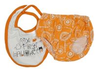 2set - Oranžové vzorované kalhotky na plenku + bílý slinták s halloweenským motivem