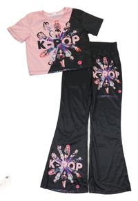 2set - Černé lehké široké tepláky s K-pop + růžovo-černé crop tričko