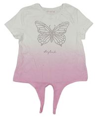 Bielo-ružové tričko s motýlkem z flitrů F&F