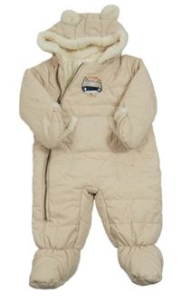 Smetanová šusťáková zimní kombinéza s medvědem a kapucí 