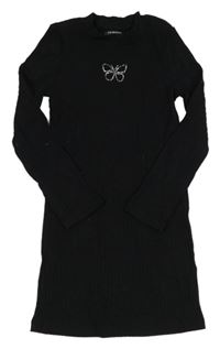 Čierne rebrované šaty s motýlkem z kamínků Primark