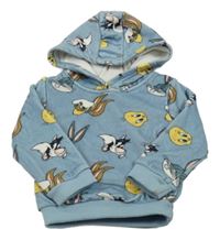 Svetlomodrá zamatová mikina s Tweetym a kamarády a kapucňou