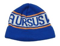 Modro-bílá pletená čepice s nápisem 