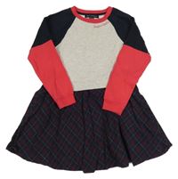 Sivo-tmavomodro-ružové teplákové šaty s kostkovanou sukní