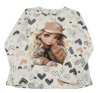 Bílé vzorované žebrované triko se srdíčky a dívkou 