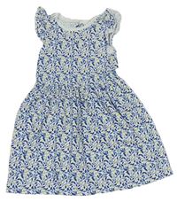 Bielo-modré bavlnené šaty s listami a volánikmi