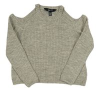Sivý rebrovaný crop sveter s volnými rameny New Look