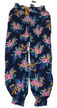 Tmavomodré květované volné kalhoty Primark