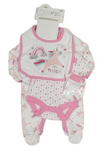 5set - Bílý overal s jednorožci + bílé body se srdíčky + bílá čepice s jednorožci + bílé rukavice s duhami + bílý bryndák s jednorožcem 