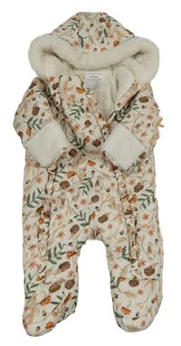 Smetanová šusťáková zimní kombinéza se zvířátky a kapucí s kožešinou Primark