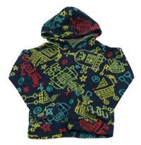 Tmavomodro-žlto-červená fleecová mikina s robotmi a kapucňou