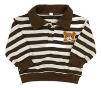 Hnedo-smotanová pruhovaná mikina s medvěďom a golierikom