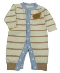 Smetanovo-béžovo-modrý pruhovaný úpletový overal s medvedíkom Shein