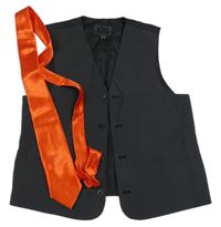 2set - Šedo-černá pruhovaná slavnostní vesta + červená kravata 