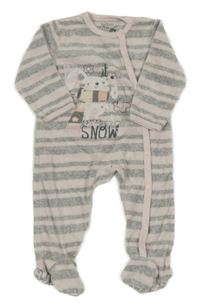 Šedo-růžový pruhovaný sametový overal s králíkem 