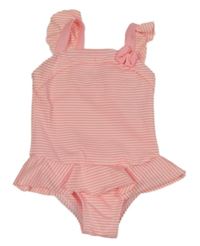 Bílo-neonově růžové pruhované jednodílné plavky s volánky a mašlí Yd.