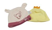 2x Světlerůžovo-vínová čepice s Bambim + žlutá čepice Nutmeg 
