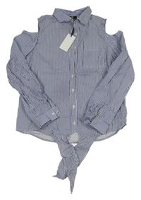 Nové - Tmavomodro-bílá pruhovaná crop halenka 