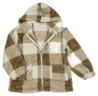 Hnedo-biela kockovaná chlpatá prepínaci mikina s kapucňou Shein