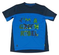 Modro-tmavomodré športové tričko s nápisom