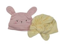 2 x bavlněná čepice - růžová s oušky + žlutá s mašlí 